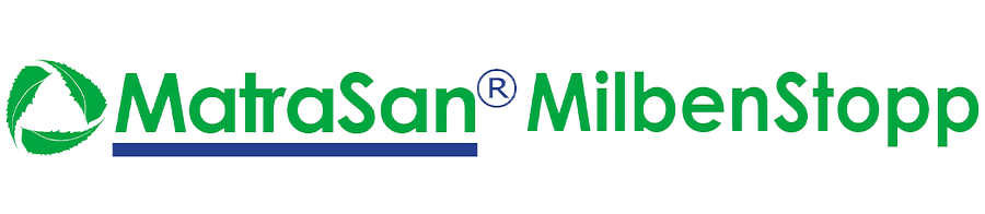 Geschütztes Logo von MatraSan®. Bio MatraSan® Produkte und Verfahren haben eine im Labor nachgewiesene Langzeitwirkung bei der Milbenprophylaxe in Matratzen und Bettzeug.